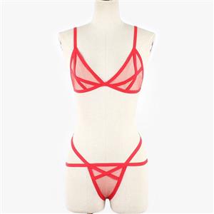 Sexy Red Sheer Mesh Spaghetti Straps Bra and Panties Bandage Stretchy Lingerie Set N21324