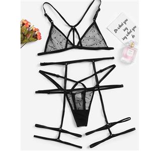 Sexy Black See-through Mesh Spaghetti Straps Bra and Thong Lingerie with Garters N23124