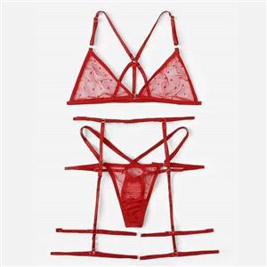 Sexy Red See-through Mesh Spaghetti Straps Bra and Thong Lingerie with Garters N23125