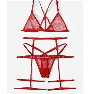 Sexy Red See-through Mesh Spaghetti Straps Bra and Thong Lingerie with Garters N23125