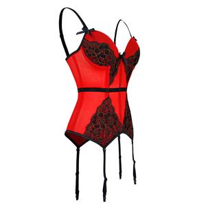 Sexy Red Mesh Floral Lace Spaghetti Straps Plastic Bone Stretchy Lingerie Bustier Corset N20227