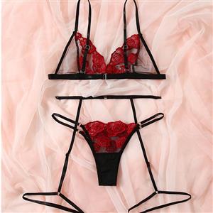 Sexy Red Mesh Embroidery See-through Spaghetti Straps Bra and Thong Lingerie N23112