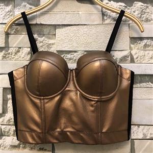 Sexy Gold Metallic PU Spaghetti Straps Bustier Bra Corset Clubwear Crop Top N18605