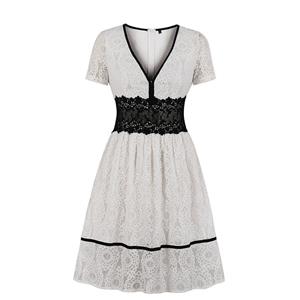 Sexy Lace Floral Deep V Neck Short Sleeve Slim Waist Midi Swing Dress N20130