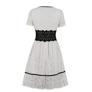 Sexy Lace Floral Deep V Neck Short Sleeve Slim Waist Midi Swing Dress N20130