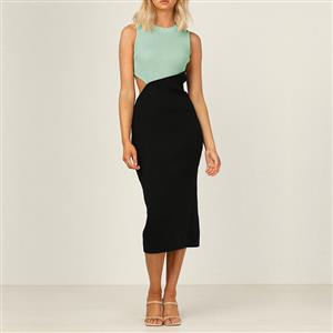 Vintage Mockneck Sleeveless Patchwork Cut-out Sexy Elastic Knitted Bodycon Wrap Dress N21652