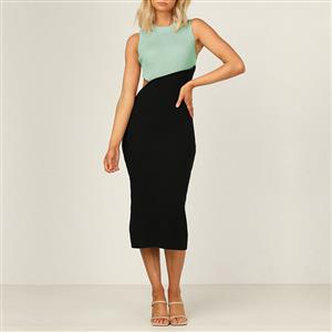 Vintage Mockneck Sleeveless Patchwork Cut-out Sexy Elastic Knitted Bodycon Wrap Dress N21652