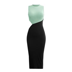 Vintage Mockneck Sleeveless Patchwork Cut-out Sexy Elastic Knitted Bodycon Wrap Dress N21652