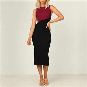Vintage Mockneck Sleeveless Patchwork Cut-out Sexy Elastic Knitted Bodycon Wrap Dress N21653