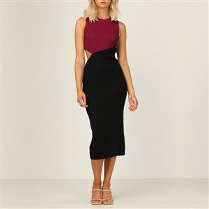 Vintage Mockneck Sleeveless Patchwork Cut-out Sexy Elastic Knitted Bodycon Wrap Dress N21653