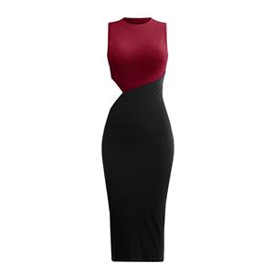 Vintage Mockneck Sleeveless Patchwork Cut-out Sexy Elastic Knitted Bodycon Wrap Dress N21653