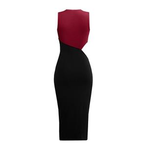 Vintage Mockneck Sleeveless Patchwork Cut-out Sexy Elastic Knitted Bodycon Wrap Dress N21653