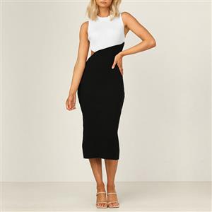 Vintage Mockneck Sleeveless Patchwork Cut-out Sexy Elastic Knitted Bodycon Wrap Dress N21654