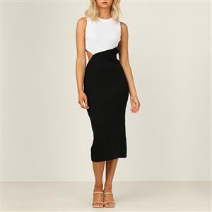 Vintage Mockneck Sleeveless Patchwork Cut-out Sexy Elastic Knitted Bodycon Wrap Dress N21654