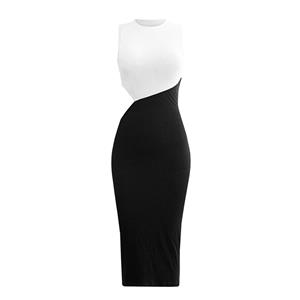 Vintage Mockneck Sleeveless Patchwork Cut-out Sexy Elastic Knitted Bodycon Wrap Dress N21654