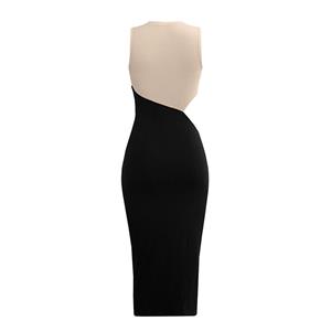 Vintage Mockneck Sleeveless Patchwork Cut-out Sexy Elastic Knitted Bodycon Wrap Dress N21655