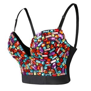 Sexy Multi Colored Sweets Studded Gem Spaghetti Straps Bustier Bra Clubwear Crop Top N22348