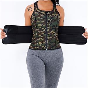 Sexy Camouflage-green Neoprene Sports Waist Cincher Zipper Vest Corset With Belts N20895