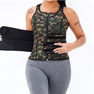 Sexy Camouflage-green Neoprene Sports Waist Cincher Zipper Vest Corset With Belts N20895