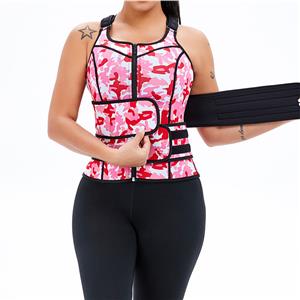 Sexy Camouflage-pink Neoprene Sports Waist Cincher Zipper Vest Corset With Belts N20896