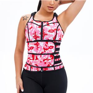 Sexy Camouflage-pink Neoprene Sports Waist Cincher Zipper Vest Corset With Belts N20896