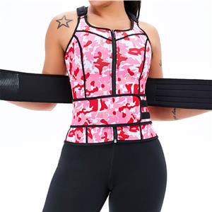 Sexy Camouflage-pink Neoprene Sports Waist Cincher Zipper Vest Corset With Belts N20896