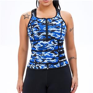 Sexy Camouflage-blue Neoprene Sports Waist Cincher Zipper Vest Corset With Belts N20897