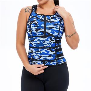 Sexy Camouflage-blue Neoprene Sports Waist Cincher Zipper Vest Corset With Belts N20897