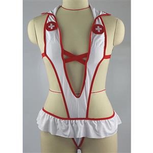 Flirty Nurse Halterneck Deep V Ruffle Bodysuit Teddies Cosplay Chemise Costume N19267