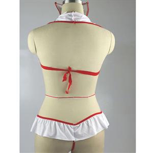 Flirty Nurse Halterneck Deep V Ruffle Bodysuit Teddies Cosplay Chemise Costume N19267