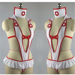 Flirty Nurse Halterneck Deep V Ruffle Bodysuit Teddies Cosplay Chemise Costume N19267