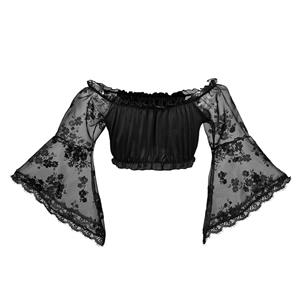 Sexy Black Lace Long Sleeve Off Shoulder Ruched Ruffled Crop Top N22674