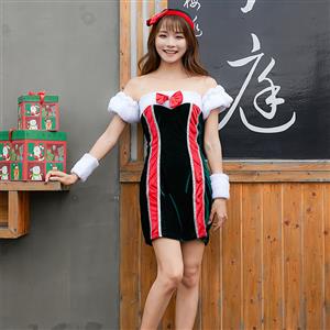 3pcs Women's Furry Sexy Off-shoulder Bow Mini Dress Christmas Costume N19455