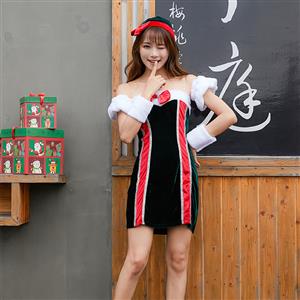 3pcs Women's Furry Sexy Off-shoulder Bow Mini Dress Christmas Costume N19455