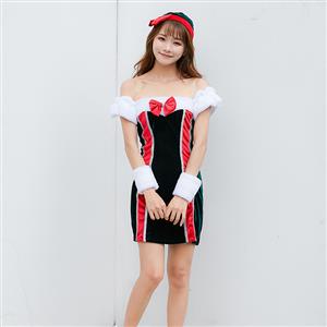 3pcs Women's Furry Sexy Off-shoulder Bow Mini Dress Christmas Costume N19455