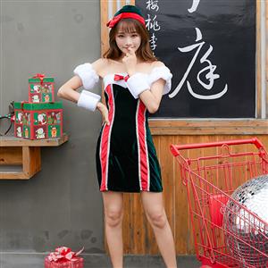 3pcs Women's Furry Sexy Off-shoulder Bow Mini Dress Christmas Costume N19455