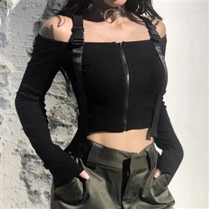 Sexy Punk Off-shoulder Elastic Rib Fabric Front Zipper Buckle Straps Blouse Crop Top N20072