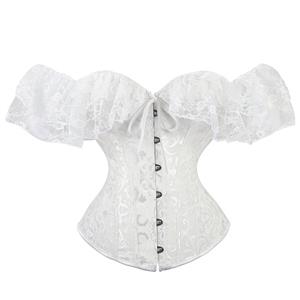 Sexy White Jacquard Off Shoulder Floral Lace Plastic Boned Overbust Corset N20910