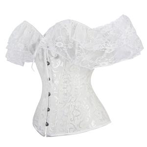 Sexy White Jacquard Off Shoulder Floral Lace Plastic Boned Overbust Corset N20910