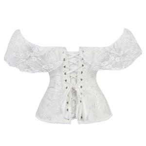 Sexy White Jacquard Off Shoulder Floral Lace Plastic Boned Overbust Corset N20910