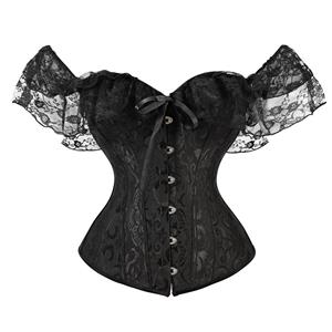 Sexy Black Jacquard Off Shoulder Floral Lace Plastic Boned Overbust Corset N20911