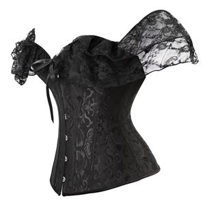 Sexy Black Jacquard Off Shoulder Floral Lace Plastic Boned Overbust Corset N20911