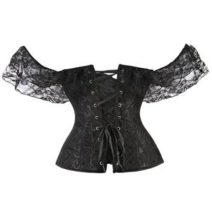 Sexy Black Jacquard Off Shoulder Floral Lace Plastic Boned Overbust Corset N20911