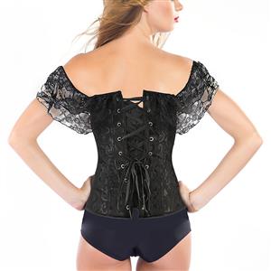 Sexy Black Jacquard Off Shoulder Floral Lace Plastic Boned Overbust Corset N20911