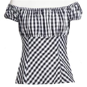 Sexy Plaid Short Sleeve Off Shoulder T-shirt N11862