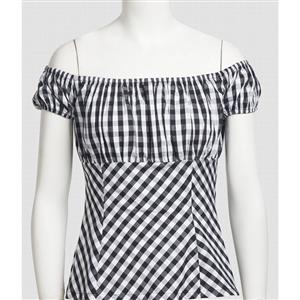 Sexy Plaid Short Sleeve Off Shoulder T-shirt N11862