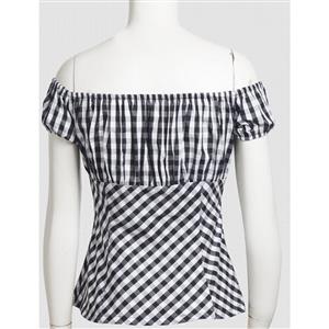 Sexy Plaid Short Sleeve Off Shoulder T-shirt N11862