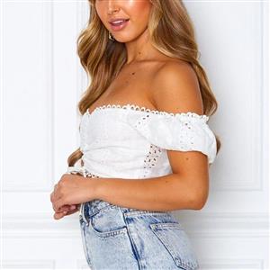 Sexy White Embroidery Hollow Off Shoulder Bowknot Lace-up Crop Top N21018