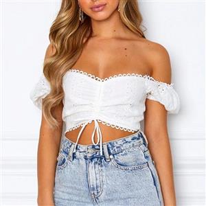 Sexy White Embroidery Hollow Off Shoulder Bowknot Lace-up Crop Top N21018