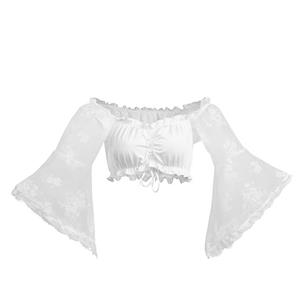 Sexy White Lace Long Sleeve Off Shoulder Ruched Ruffled Crop Top N22673